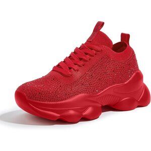 Lucky Step Women's Red Rhinestone Sneaker Chunky Sparkly Bling Mesh Slip on